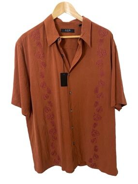 Casual 100% Silk Leaf Embroidered Short-Sleeve Button-Down Camp Shirt in Rust